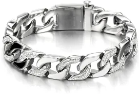 COOLSTEELANDBEYOND Men's Stainless Steel Curb Chain Bracelet High Polished with Cubic Zirconia