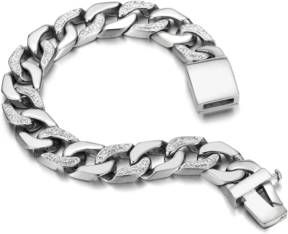 COOLSTEELANDBEYOND Men's Stainless Steel Curb Chain Bracelet High Polished with Cubic Zirconia