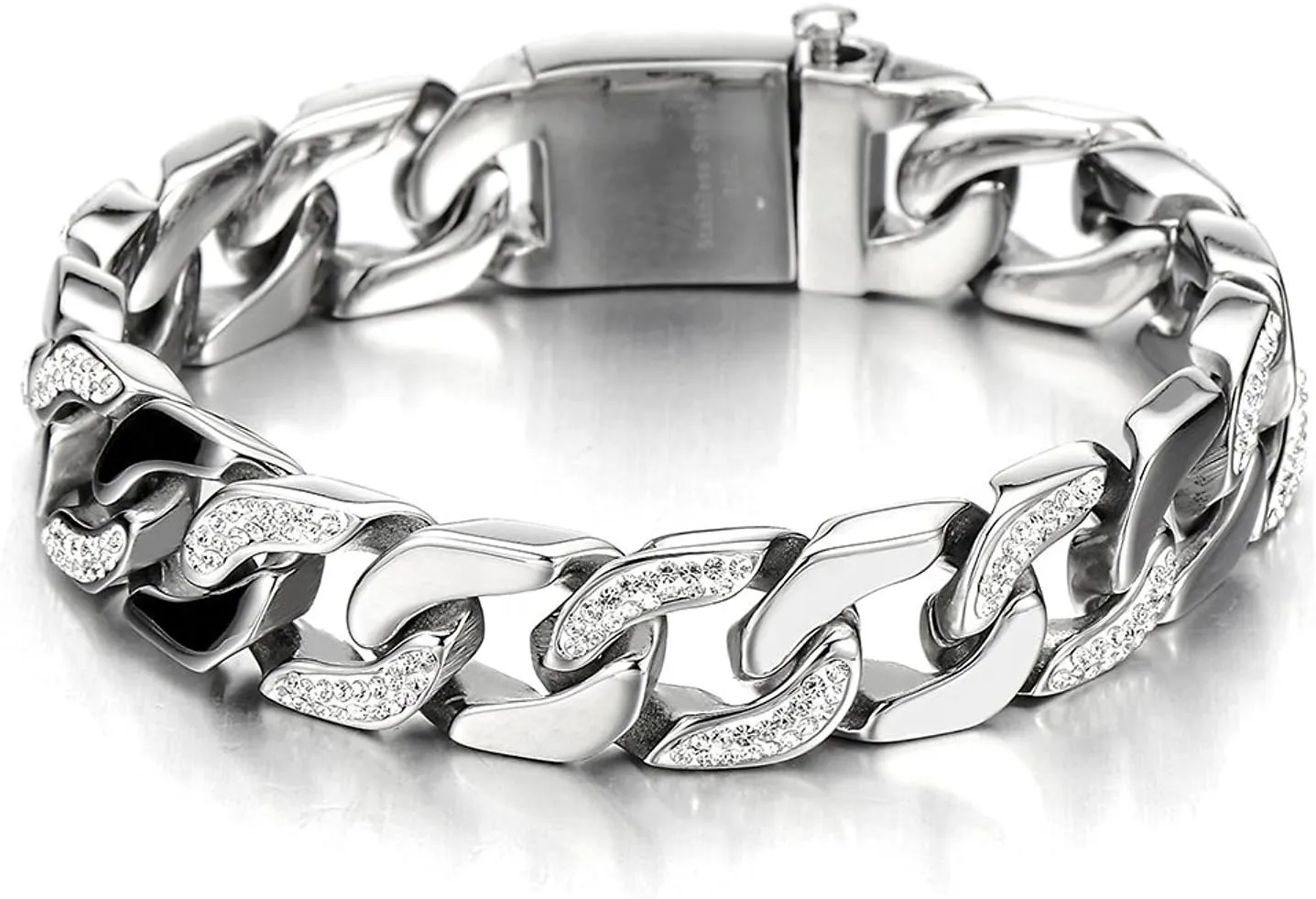 COOLSTEELANDBEYOND Men's Stainless Steel Curb Chain Bracelet High Polished with Cubic Zirconia