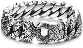 COOLSTEELANDBEYOND Mens Steel Vintage Fancy Curb Chain Bracelet with Tribal Tattoo Pattern, Retro Style, Masculine