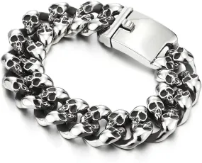 COOLSTEELANDBEYOND Mens Steel Vintage Twisted Braided Link Chain Bracelet with Skulls, Spring Clasp, Gothic Biker