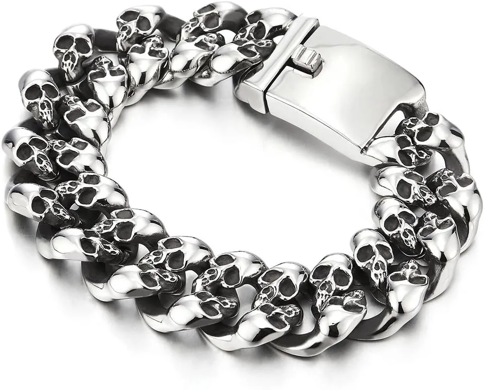 COOLSTEELANDBEYOND Mens Steel Vintage Twisted Braided Link Chain Bracelet with Skulls, Spring Clasp, Gothic Biker