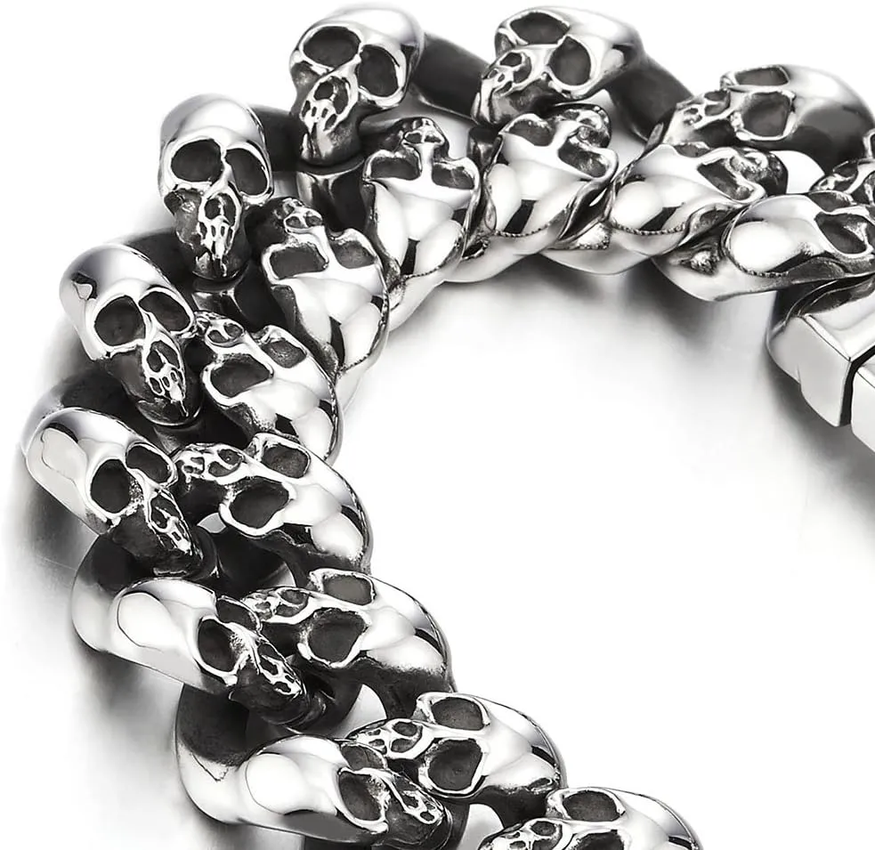 COOLSTEELANDBEYOND Mens Steel Vintage Twisted Braided Link Chain Bracelet with Skulls, Spring Clasp, Gothic Biker
