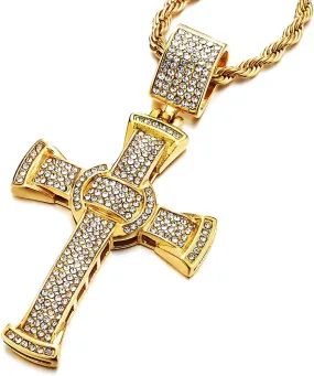 COOLSTEELANDBEYOND Mens Women Large Steel Cross Pendant Necklace with Cubic Zirconia and Rope Chain