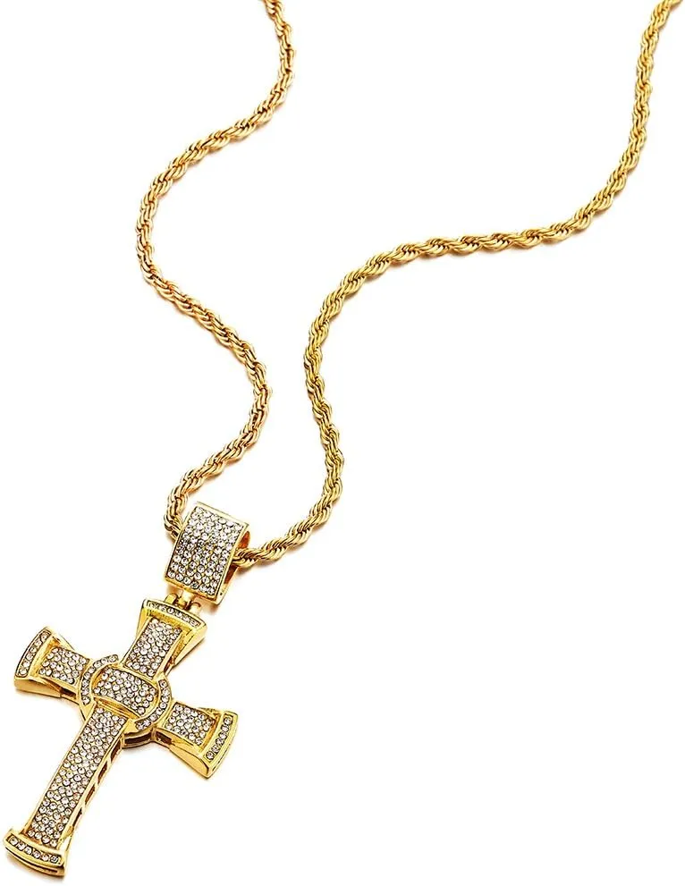 COOLSTEELANDBEYOND Mens Women Large Steel Cross Pendant Necklace with Cubic Zirconia and Rope Chain