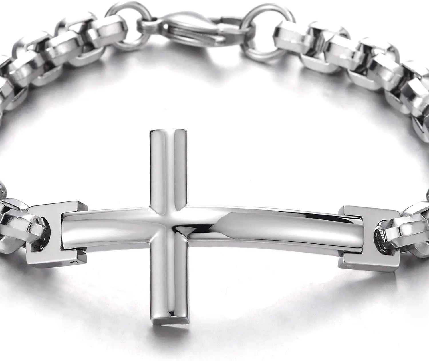 COOLSTEELANDBEYOND Mens Womens Stainless Steel Horizontal Sideway Lateral Cross Link Chain Bangle Bracelet, Polished