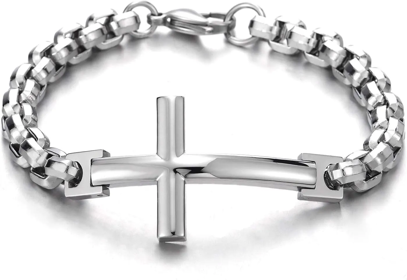 COOLSTEELANDBEYOND Mens Womens Stainless Steel Horizontal Sideway Lateral Cross Link Chain Bangle Bracelet, Polished