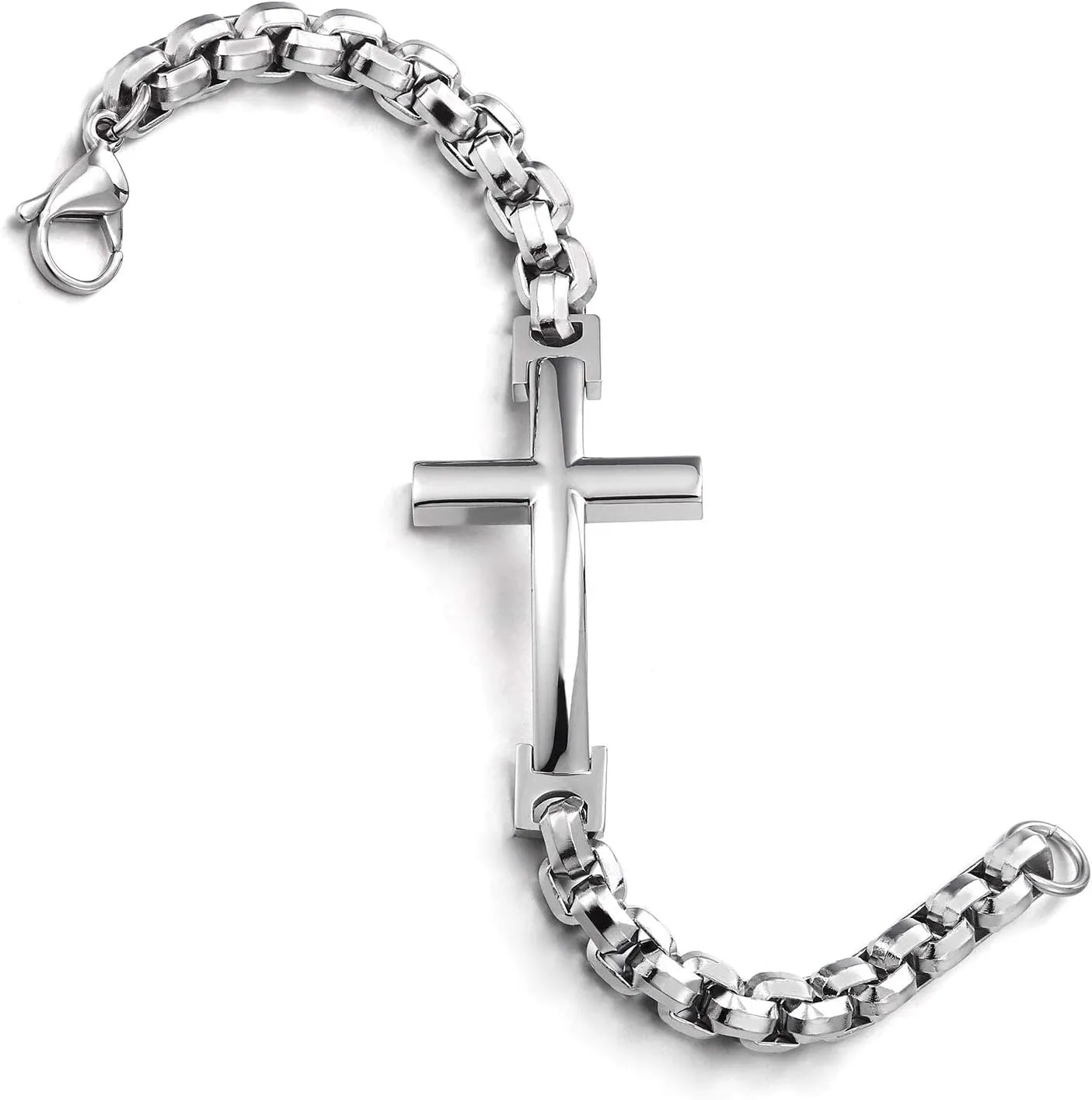 COOLSTEELANDBEYOND Mens Womens Stainless Steel Horizontal Sideway Lateral Cross Link Chain Bangle Bracelet, Polished