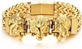 COOLSTEELANDBEYOND Steel Double Square Franco Link Bike Chain Three Lion Heads Bracelet, Magnetic Clasp