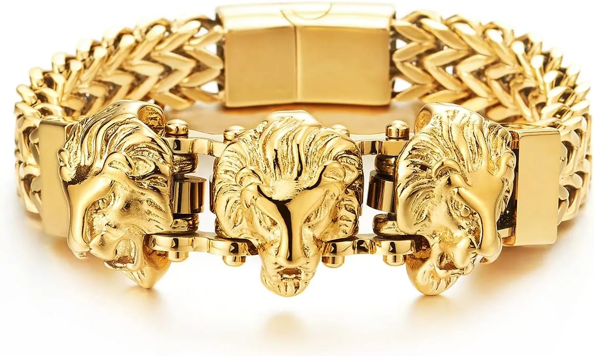 COOLSTEELANDBEYOND Steel Double Square Franco Link Bike Chain Three Lion Heads Bracelet, Magnetic Clasp