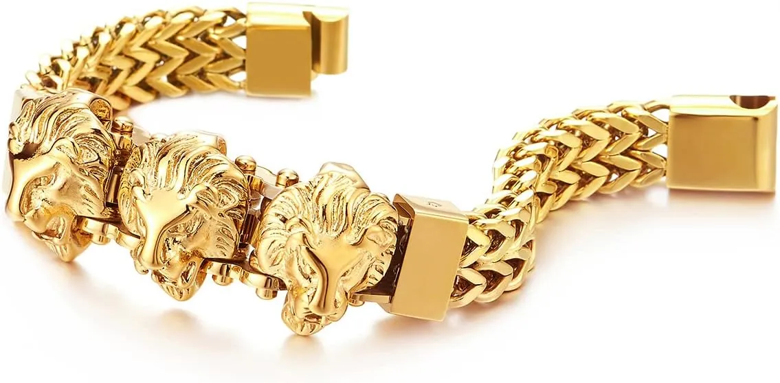 COOLSTEELANDBEYOND Steel Double Square Franco Link Bike Chain Three Lion Heads Bracelet, Magnetic Clasp
