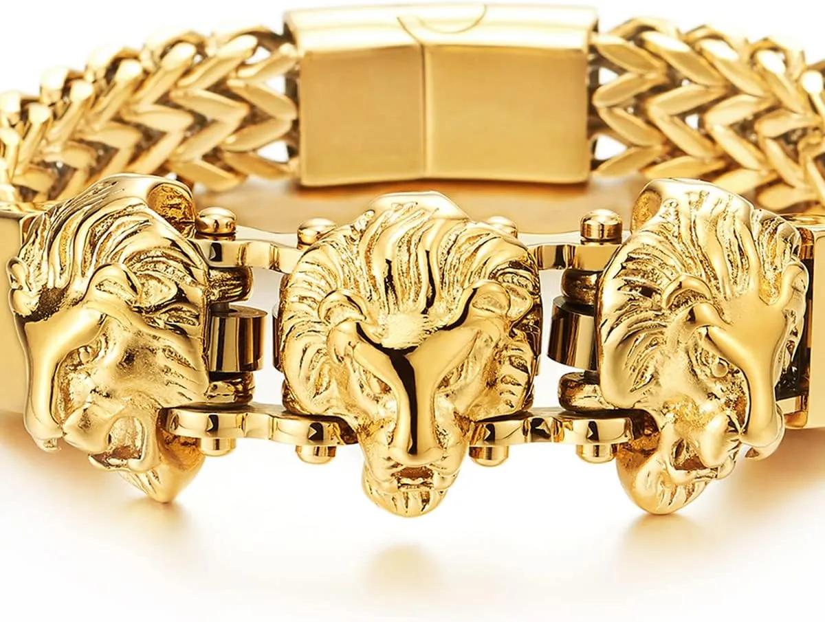 COOLSTEELANDBEYOND Steel Double Square Franco Link Bike Chain Three Lion Heads Bracelet, Magnetic Clasp