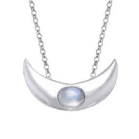 Crescent Moon Necklace Rainbow Moonstone, White Moon
