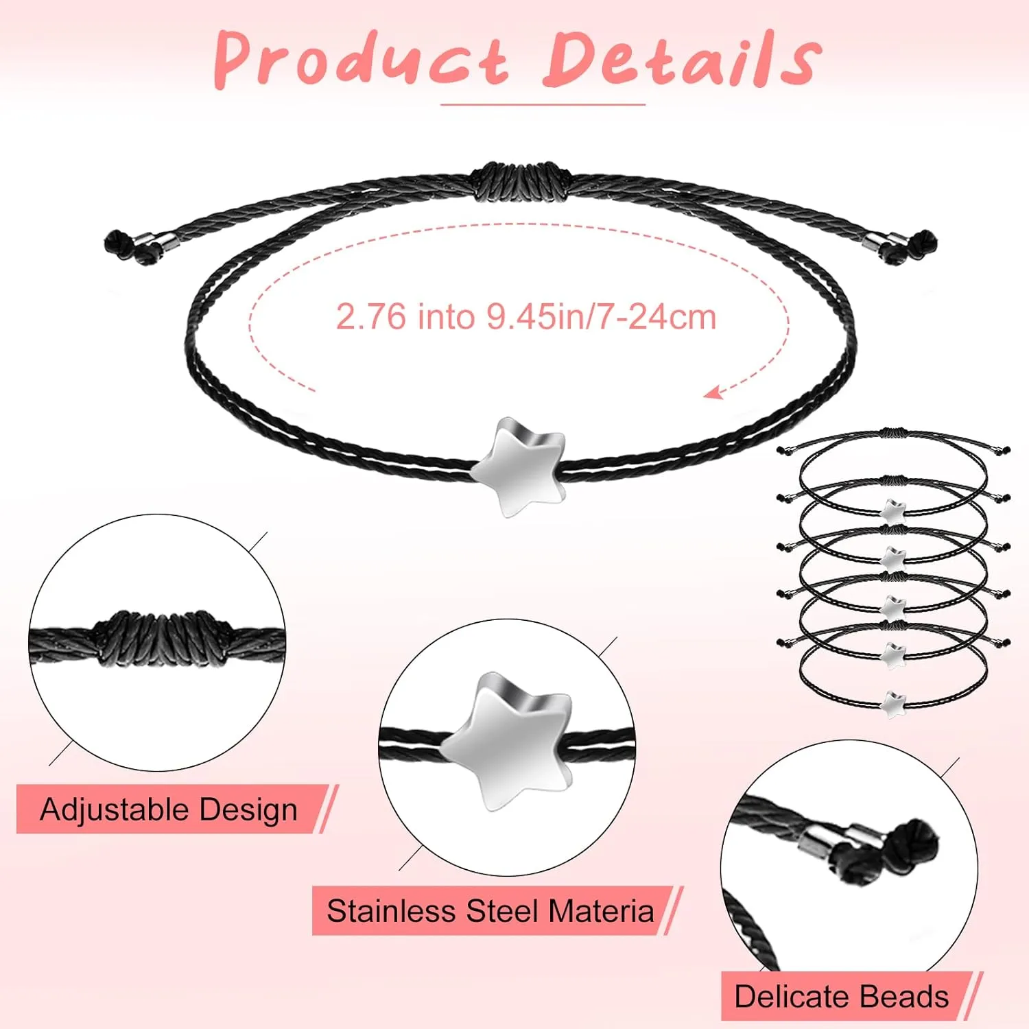 Cunno 50 Pcs Star Shaped Friendship Bracelet Adjustable Wish Bracelet for BFF Women Men Girls Kids Christmas Gifts