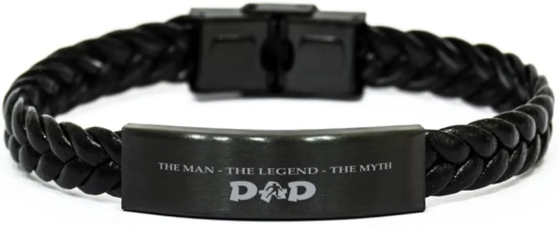 Dad Braided Leather Bracelet, DAD The Man - The Myth- The Legend, Laser Engraved, Stainless Steel Wristband