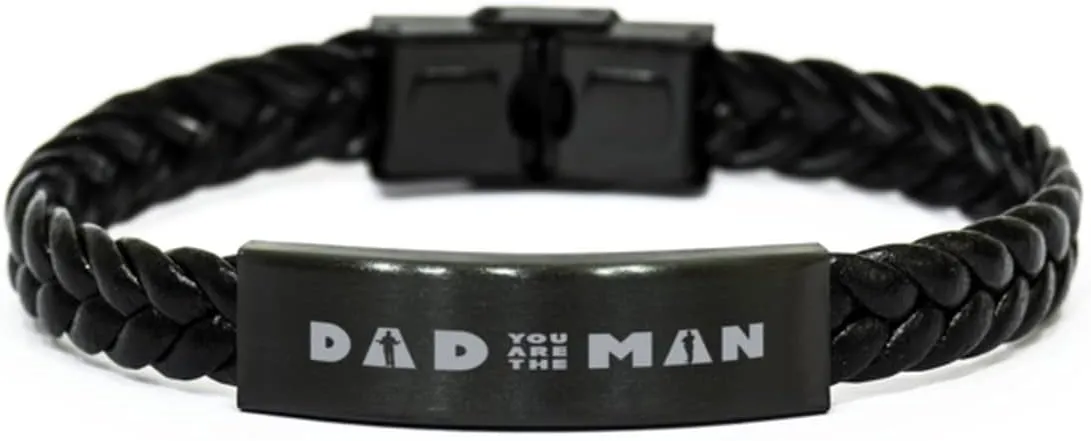 Dad Braided Leather Bracelet, DAD You are The Man, Laser Engraved, Stainless Steel Wristband