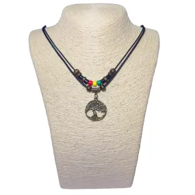 Double Layers Celtic Tree of Life Pendant Necklace Wood Beaded with Adjustable Black Cord Mens Womens Rasta Hippie Hemp Hawaiian (Brass -001)