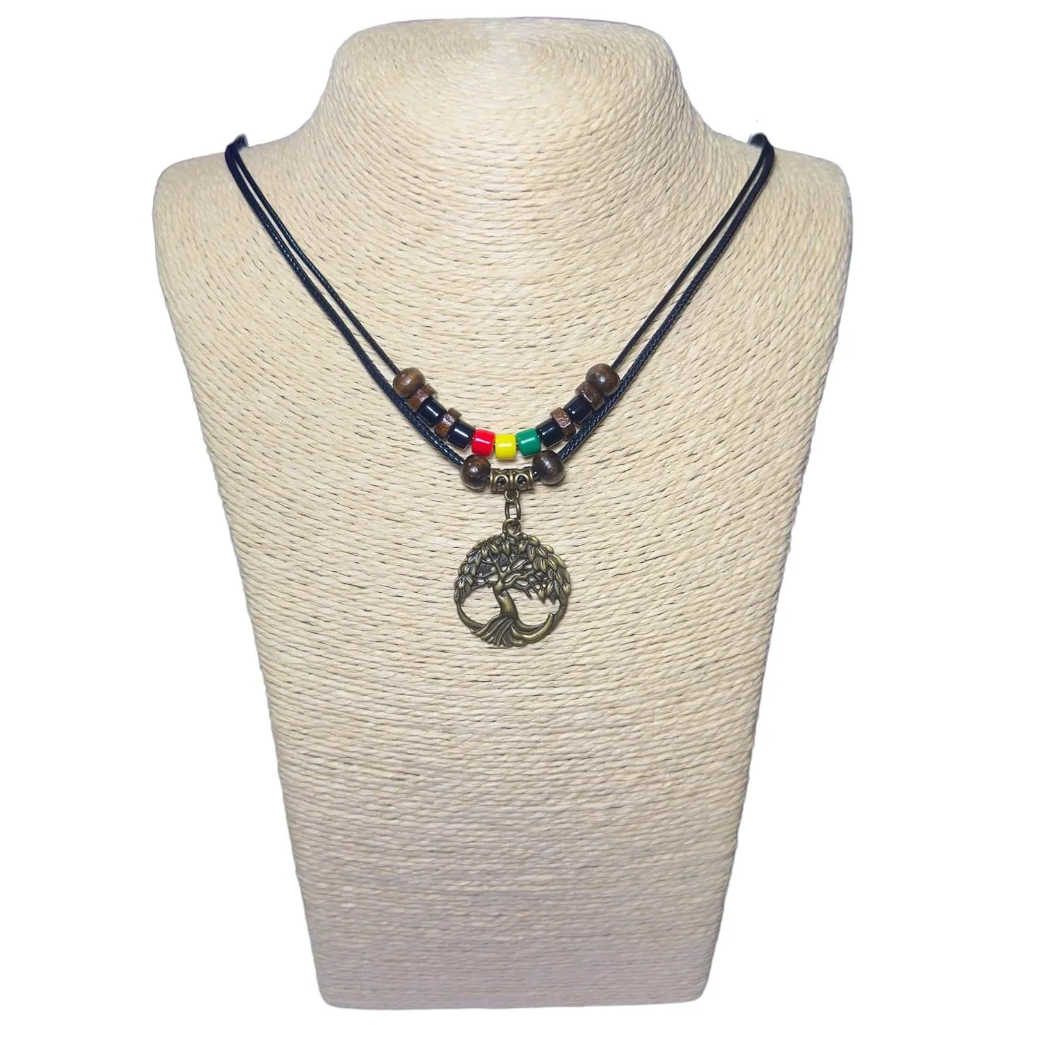 Double Layers Celtic Tree of Life Pendant Necklace Wood Beaded with Adjustable Black Cord Mens Womens Rasta Hippie Hemp Hawaiian (Brass -001)