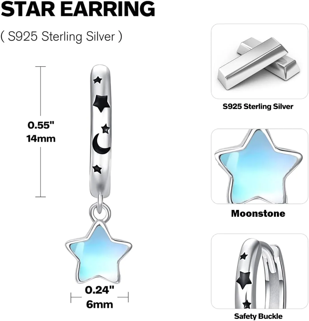 Dreamboat Sterling Silver Moon Star Earrings for Women Men Huggie Hoop Earrings Dangle Earrings Witchy Celestial Earrings Star Jewelry