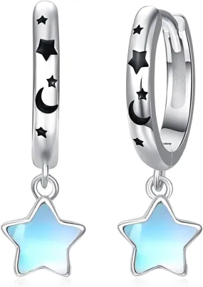 Dreamboat Sterling Silver Moon Star Earrings for Women Men Huggie Hoop Earrings Dangle Earrings Witchy Celestial Earrings Star Jewelry