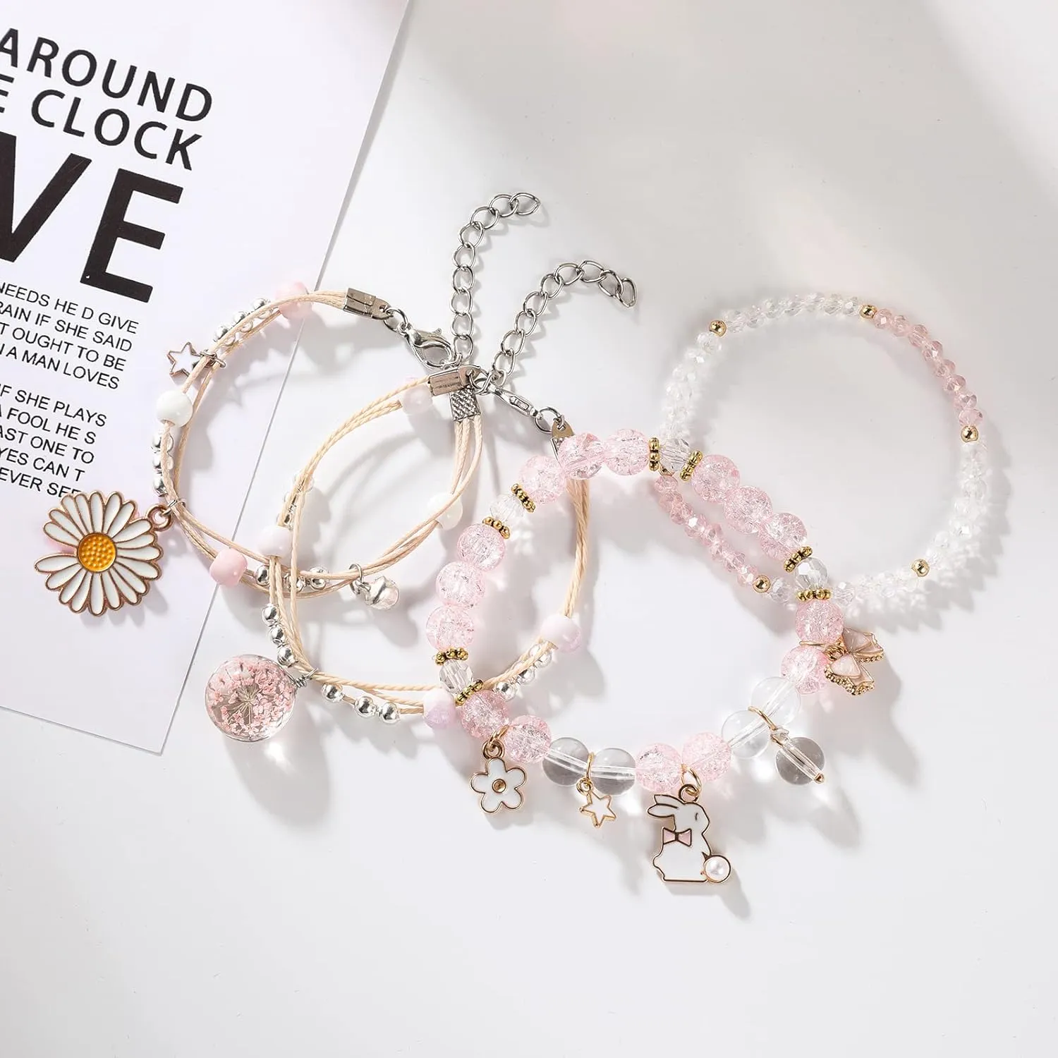 DS 4PCS Beaded Charm Bracelets for Teen Girls Dainty cute cartoon Crystal Beads Pearl Bracelets anklets set for woman and girls Adjustable Stretch bracelet birthday Gift For Friends