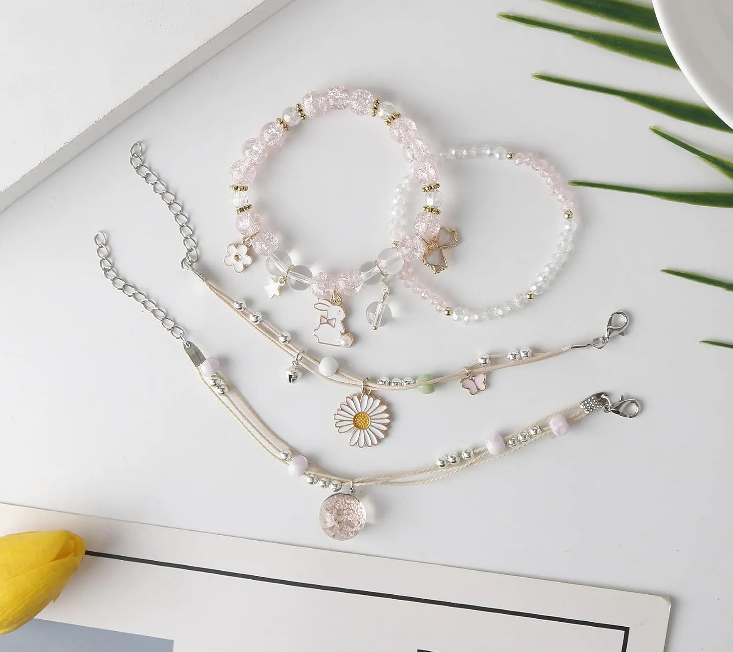 DS 4PCS Beaded Charm Bracelets for Teen Girls Dainty cute cartoon Crystal Beads Pearl Bracelets anklets set for woman and girls Adjustable Stretch bracelet birthday Gift For Friends