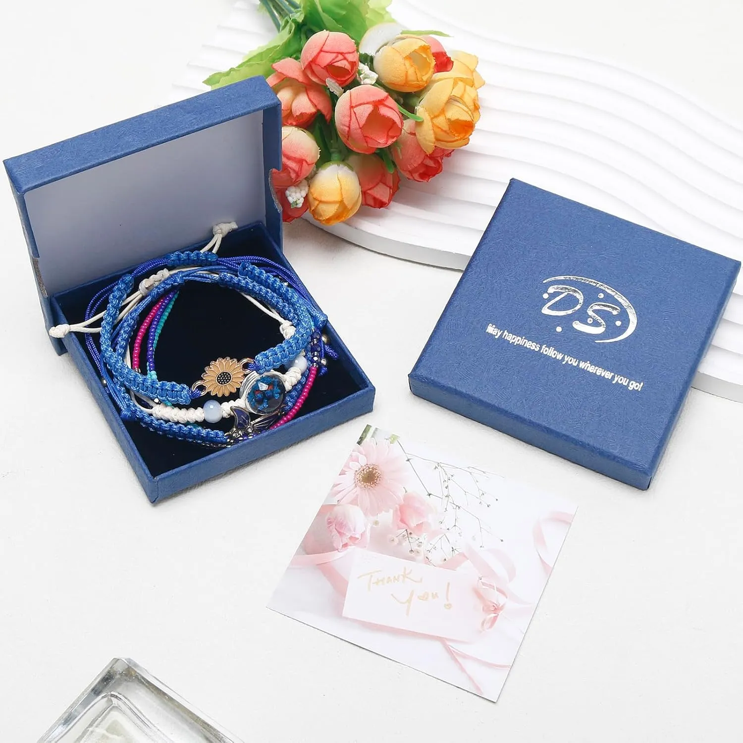 DS 4PCS String beads Charm Bracelets for Teen Girls Dainty cute cartoon Butterfly Daisy Eternal flower Beads Bracelets set for woman and girls Adjustable Stretch bracelet birthday Gift For Friends