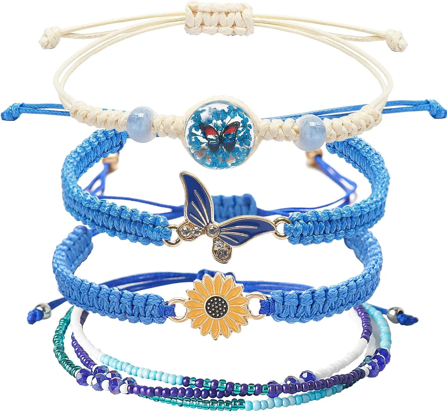 DS 4PCS String beads Charm Bracelets for Teen Girls Dainty cute cartoon Butterfly Daisy Eternal flower Beads Bracelets set for woman and girls Adjustable Stretch bracelet birthday Gift For Friends