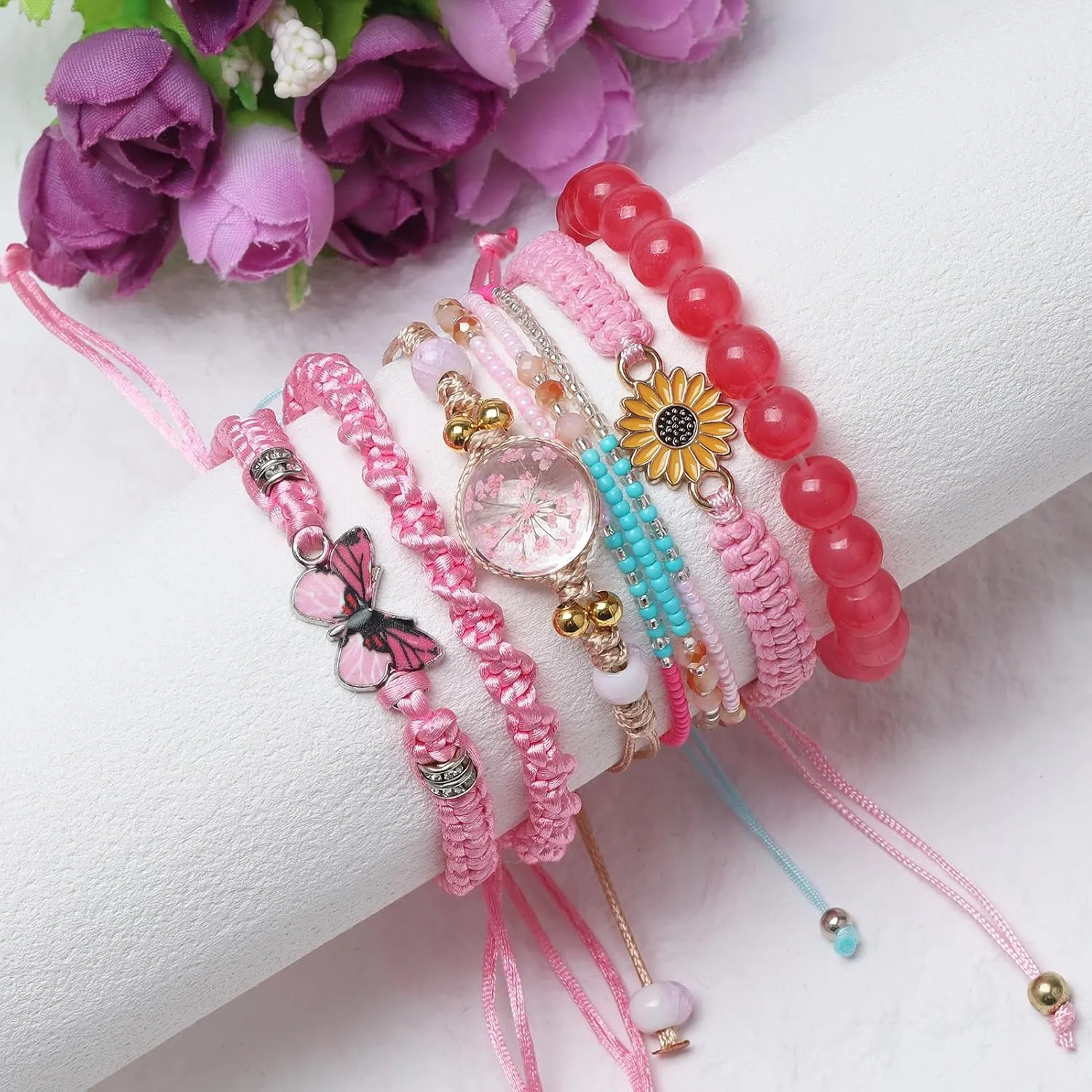 DS 6PCS String beads Charm Bracelets for Teen Girls Handmade Braided Rope Butterfly daisies Eternal flower Boho Surfer Bracelet for women Adjustable friendship Stretch birthday jewelry Gift Friends