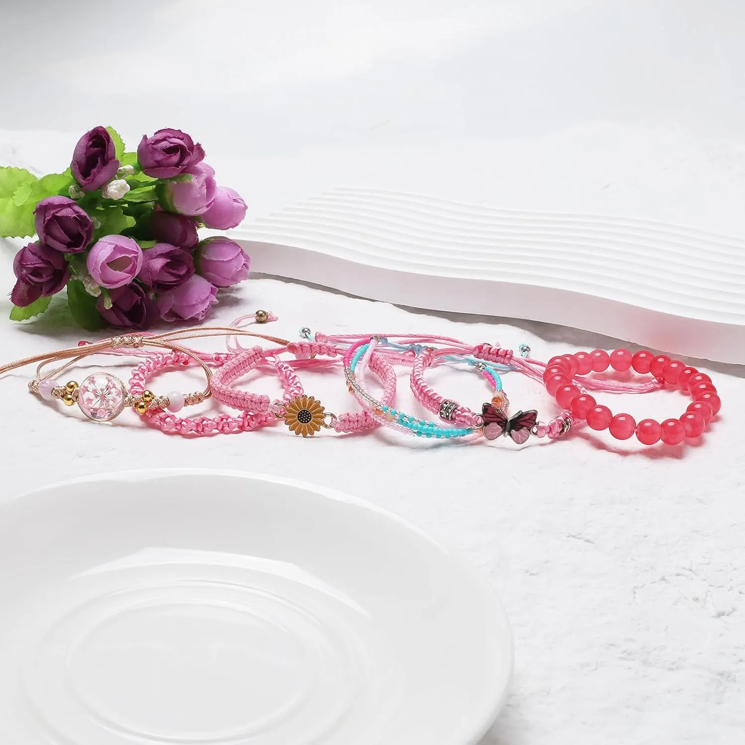 DS 6PCS String beads Charm Bracelets for Teen Girls Handmade Braided Rope Butterfly daisies Eternal flower Boho Surfer Bracelet for women Adjustable friendship Stretch birthday jewelry Gift Friends