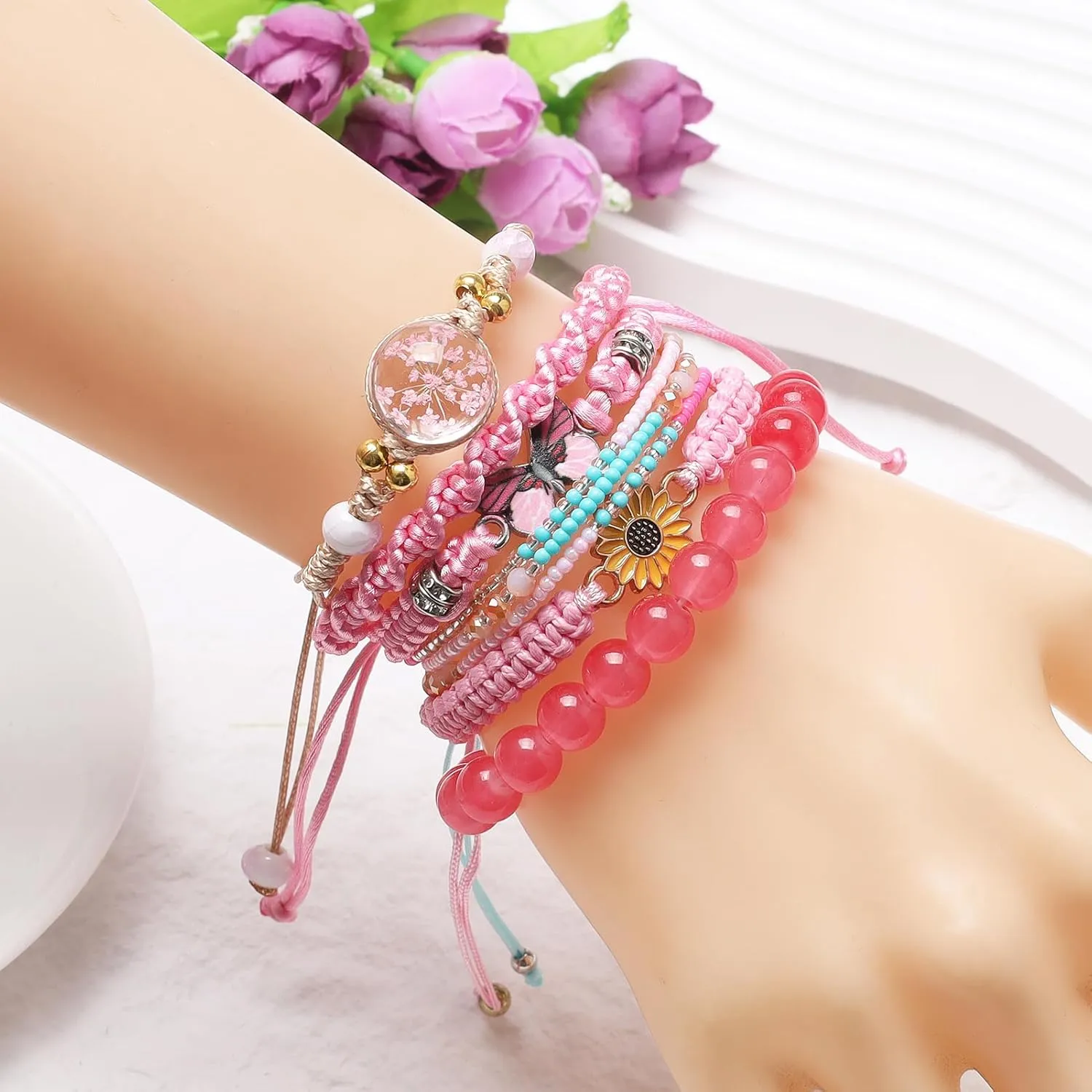 DS 6PCS String beads Charm Bracelets for Teen Girls Handmade Braided Rope Butterfly daisies Eternal flower Boho Surfer Bracelet for women Adjustable friendship Stretch birthday jewelry Gift Friends