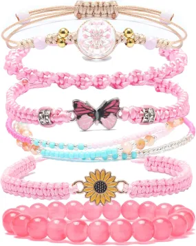 DS 6PCS String beads Charm Bracelets for Teen Girls Handmade Braided Rope Butterfly daisies Eternal flower Boho Surfer Bracelet for women Adjustable friendship Stretch birthday jewelry Gift Friends
