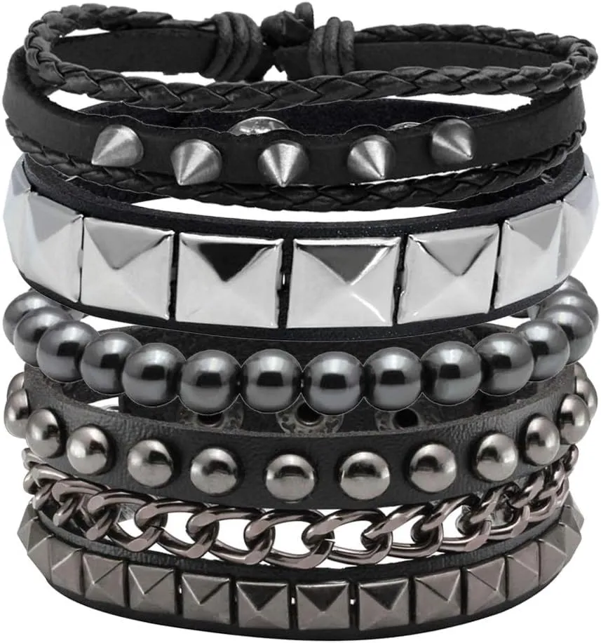 Eigso 4 Pcs Punk Leather Rock Studded Bracelets for Men Women Retro Classic Spiked Metal Cuff Bracelet Set for Man Woman