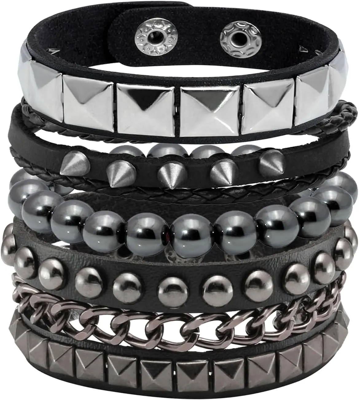 Eigso 4 Pcs Punk Leather Rock Studded Bracelets for Men Women Retro Classic Spiked Metal Cuff Bracelet Set for Man Woman