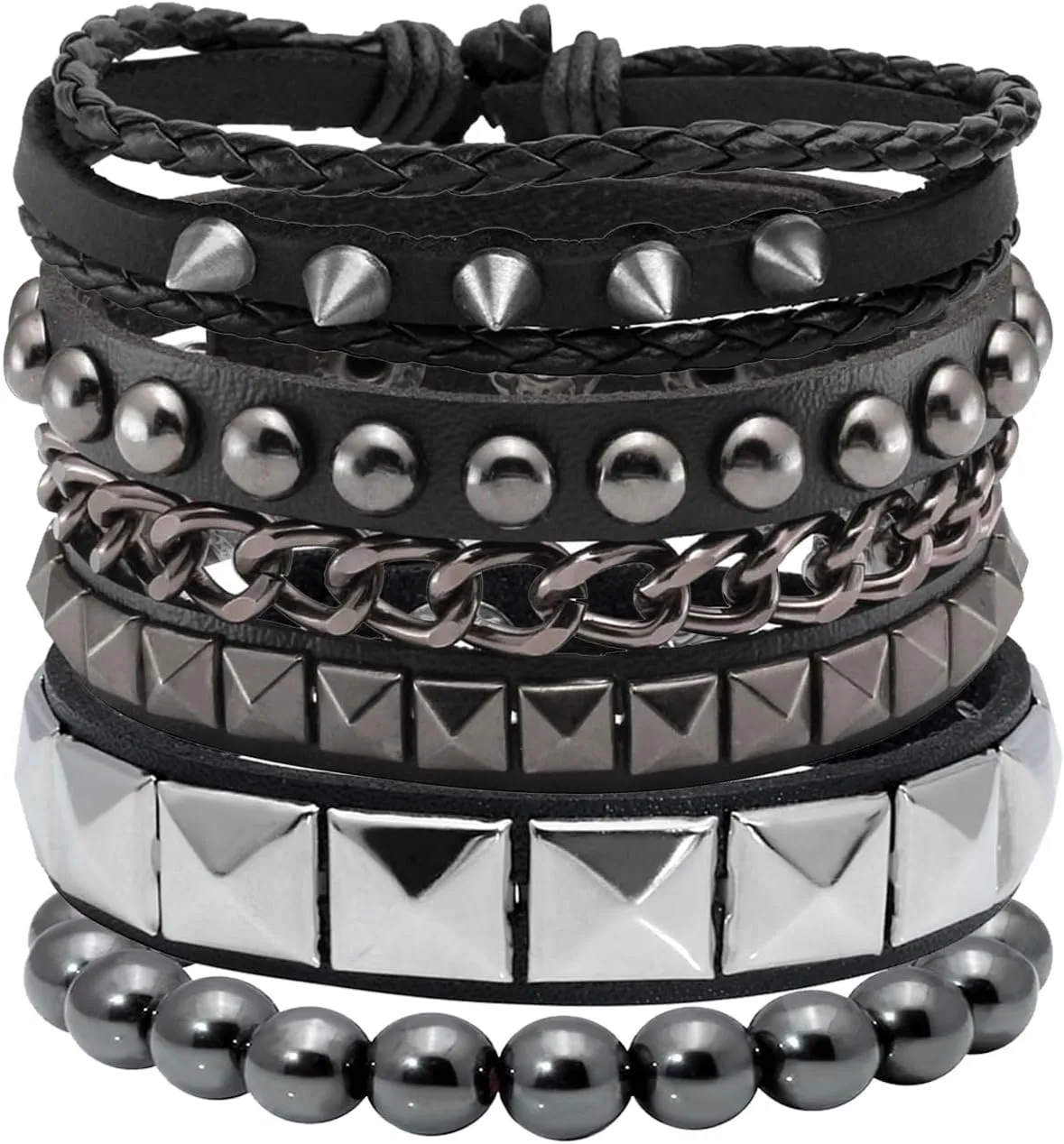 Eigso 4 Pcs Punk Leather Rock Studded Bracelets for Men Women Retro Classic Spiked Metal Cuff Bracelet Set for Man Woman