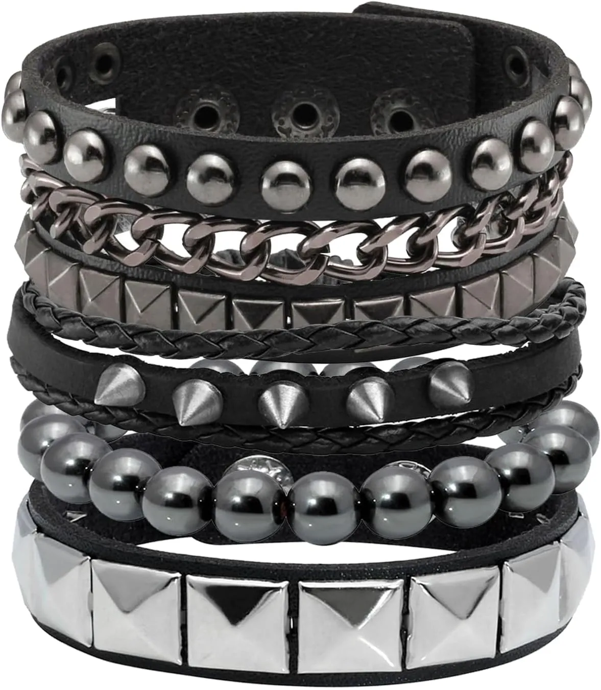 Eigso 4 Pcs Punk Leather Rock Studded Bracelets for Men Women Retro Classic Spiked Metal Cuff Bracelet Set for Man Woman