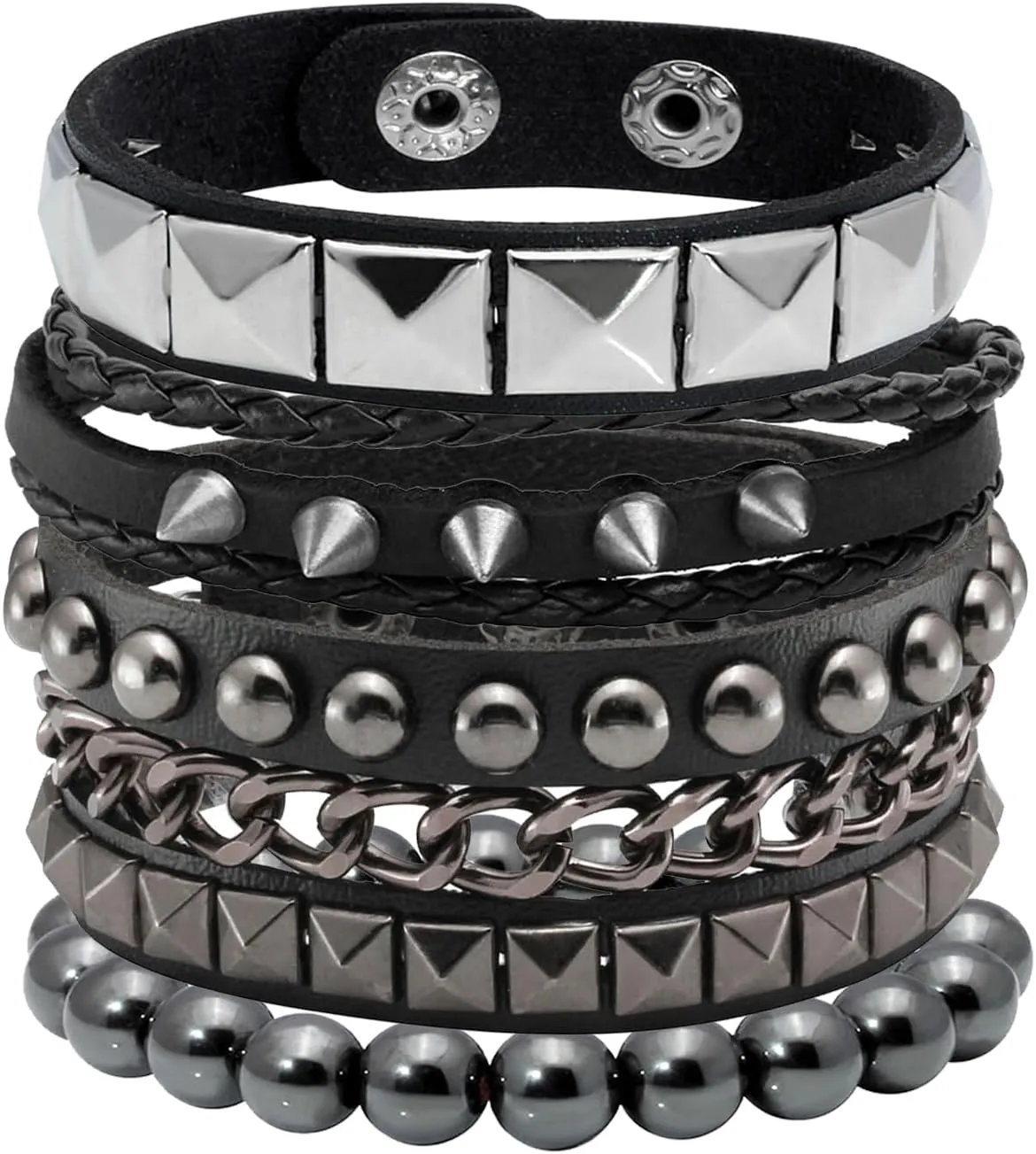 Eigso 4 Pcs Punk Leather Rock Studded Bracelets for Men Women Retro Classic Spiked Metal Cuff Bracelet Set for Man Woman