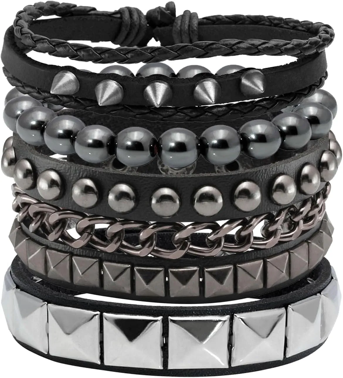 Eigso 4 Pcs Punk Leather Rock Studded Bracelets for Men Women Retro Classic Spiked Metal Cuff Bracelet Set for Man Woman