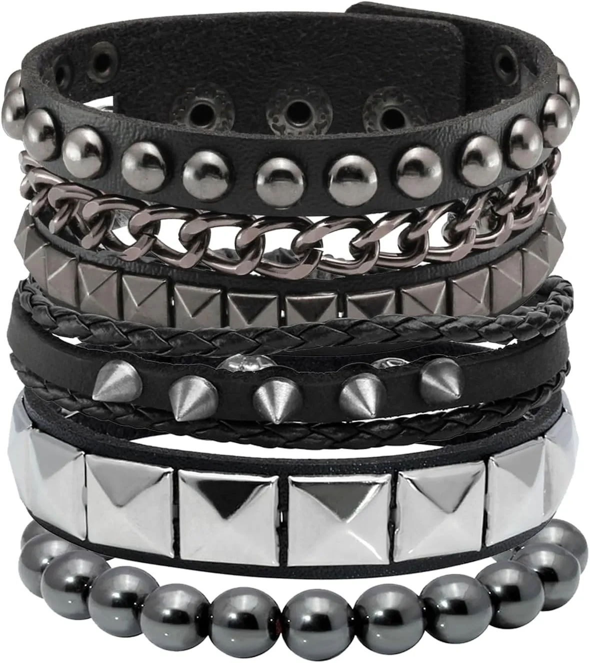 Eigso 4 Pcs Punk Leather Rock Studded Bracelets for Men Women Retro Classic Spiked Metal Cuff Bracelet Set for Man Woman