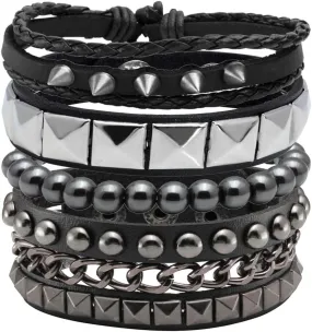 Eigso 4 Pcs Punk Leather Rock Studded Bracelets for Men Women Retro Classic Spiked Metal Cuff Bracelet Set for Man Woman