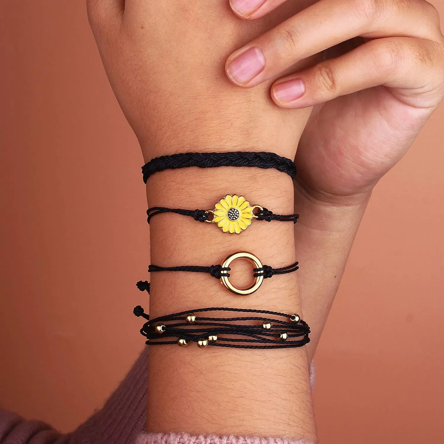 FANCY SHINY Sunflower String Bracelet Handmade Braided Rope Charms Boho Surfer Bracelet for Women Easter Gifts