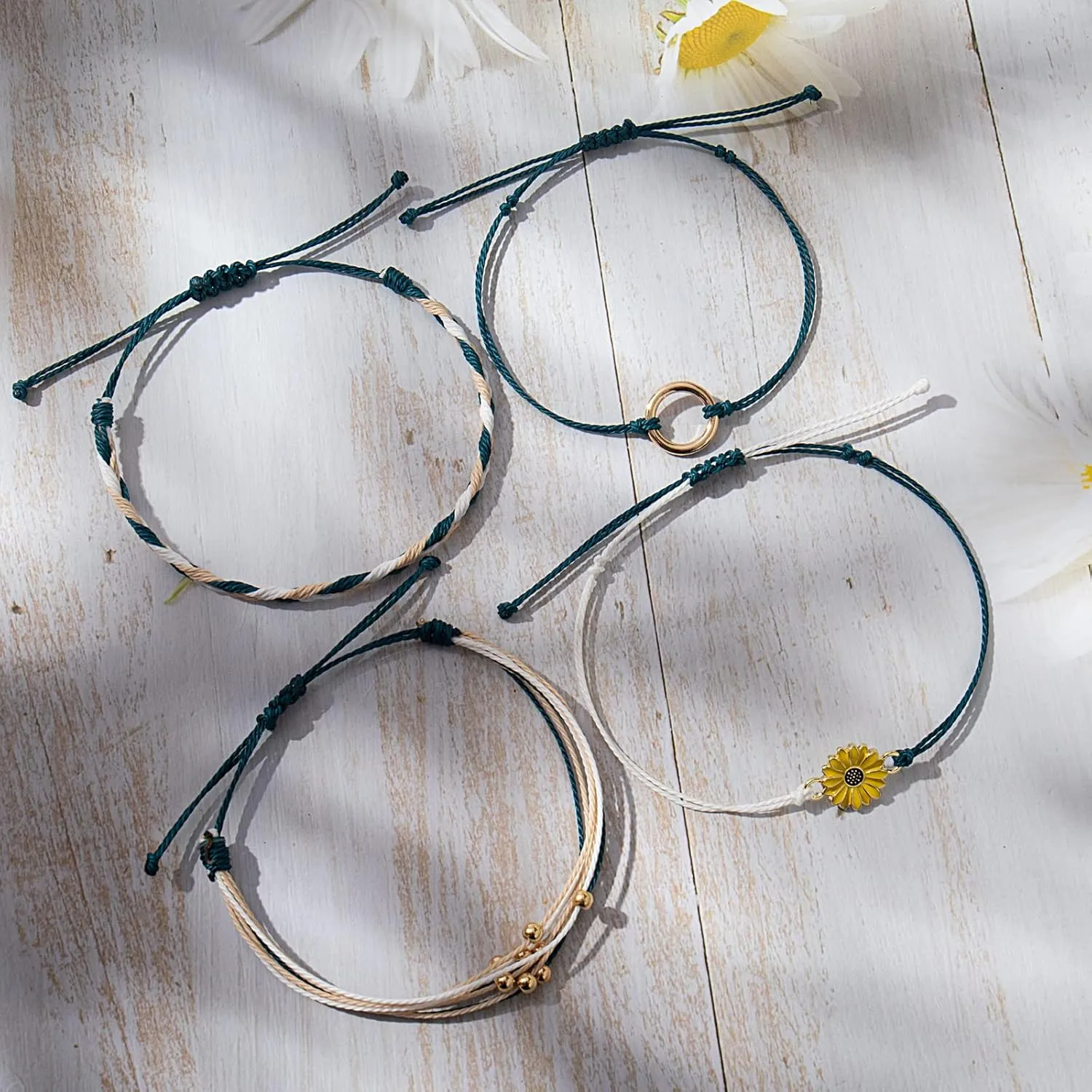 FANCY SHINY Sunflower String Bracelet Handmade Braided Rope Charms Boho Surfer Bracelet for Women Easter Gifts
