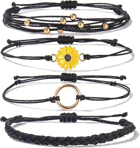 FANCY SHINY Sunflower String Bracelet Handmade Braided Rope Charms Boho Surfer Bracelet for Women Easter Gifts