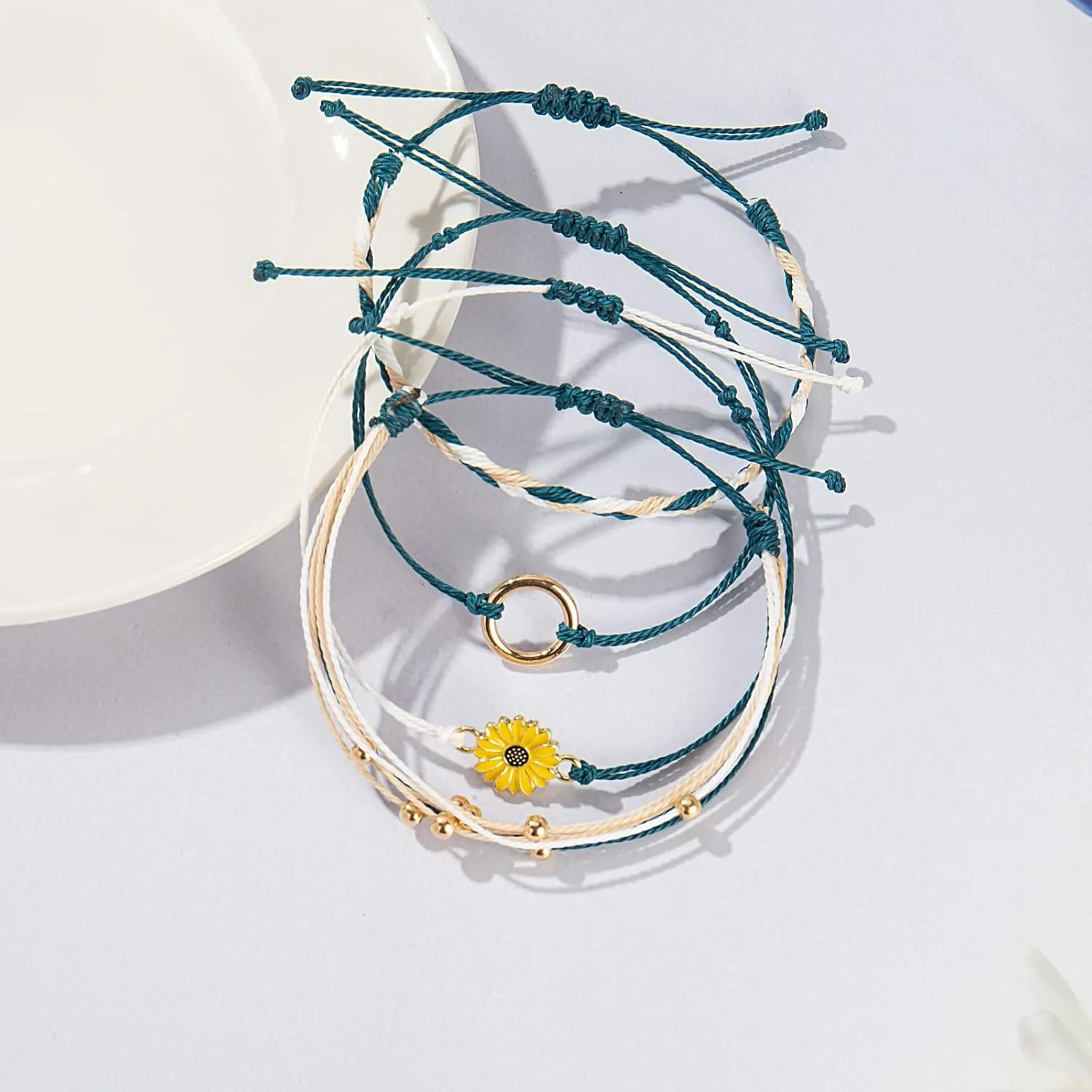 FANCY SHINY Sunflower String Bracelet Handmade Braided Rope Charms Boho Surfer Bracelet for Women Easter Gifts