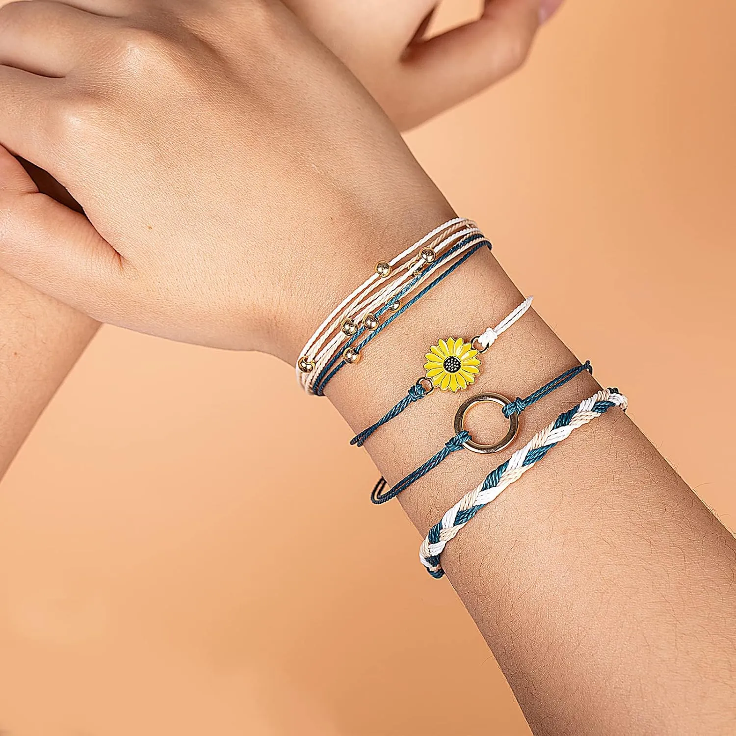 FANCY SHINY Sunflower String Bracelet Handmade Braided Rope Charms Boho Surfer Bracelet for Women Easter Gifts