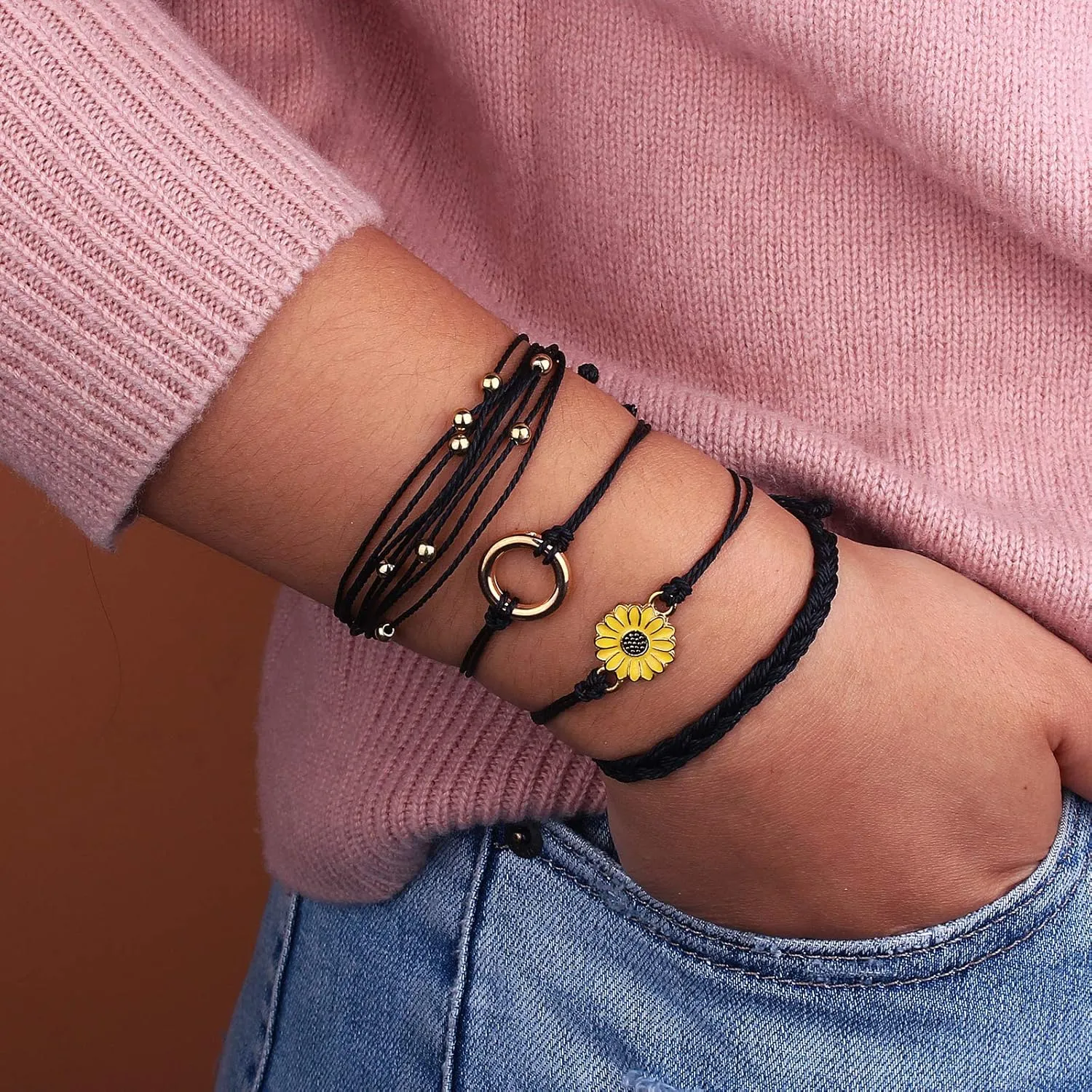 FANCY SHINY Sunflower String Bracelet Handmade Braided Rope Charms Boho Surfer Bracelet for Women Easter Gifts
