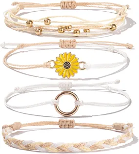 FANCY SHINY Sunflower String Bracelet Handmade Braided Rope Charms Boho Surfer Bracelet for Women Easter Gifts