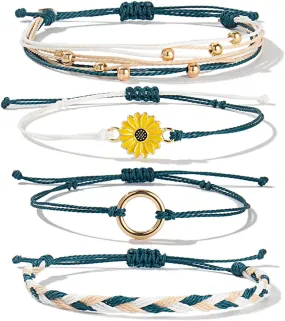 FANCY SHINY Sunflower String Bracelet Handmade Braided Rope Charms Boho Surfer Bracelet for Women Easter Gifts