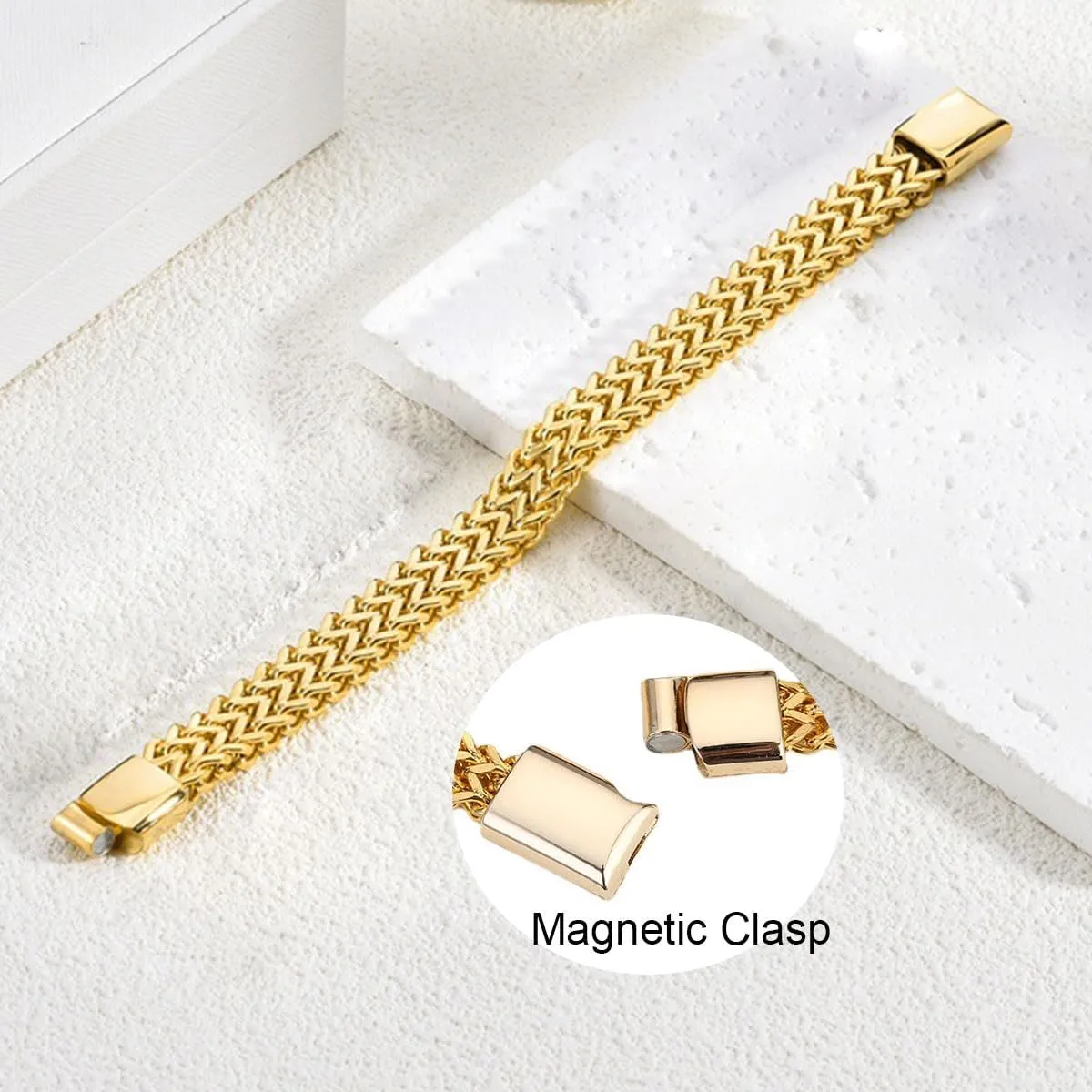 Franco Chain Bracelets for Men 14K Gold Plated Stainless Steel Band Bracelet With Metal Snap Closure Auto-Fastening