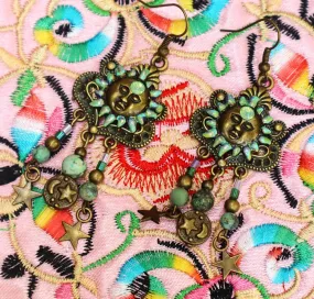 Funky Cute Boho Turquoise Beads Sun Moon and Stars Chandelier Dangle Earrings with Hand Painted Accents Whimsical Bohemian Jewelry for Women Teen Girls